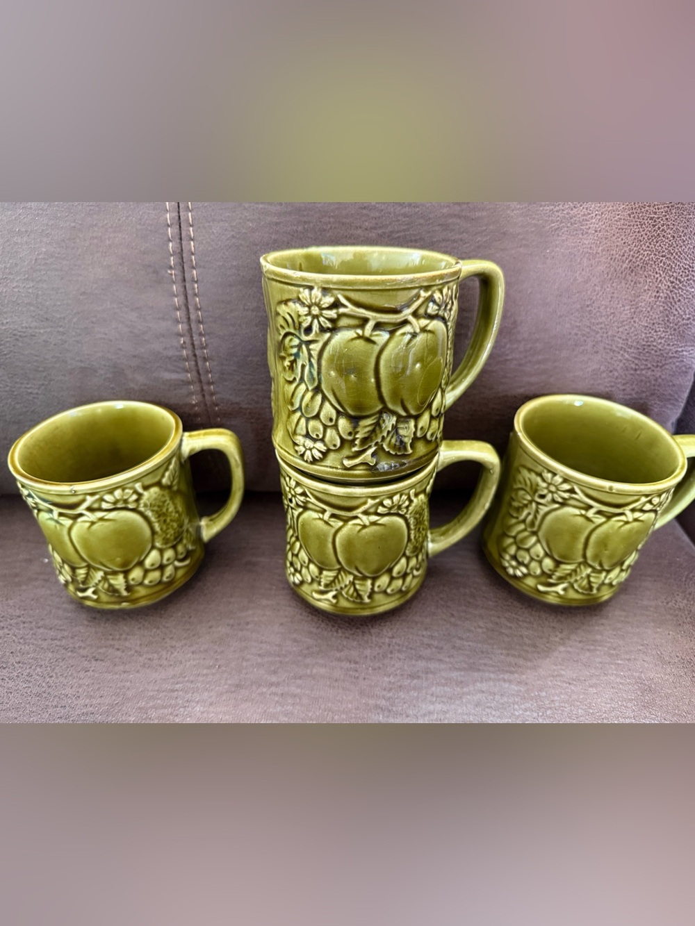 4 VTG HARVEST GREEN CERAMIC JAPAN FRUIT COFFEE CUPS #R6833
